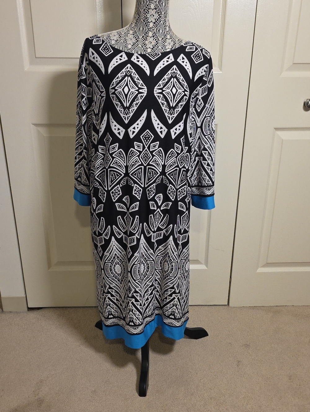 Croft & Barrow Black and White Geometric Dress with Blue Details